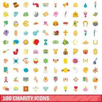 100 icone di beneficenza impostate, stile cartone animato vettore