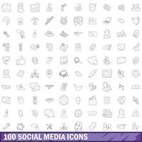 100 icone dei social media impostate, stile contorno vettore