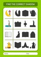 trova il gioco di ombre corretto con l'icona del ramadan. foglio di lavoro per bambini in età prescolare, foglio attività per bambini vettore