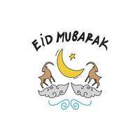 eid mubarak in stile disegnato a mano. due capre sopra le nuvole accolgono eid al adha vettore