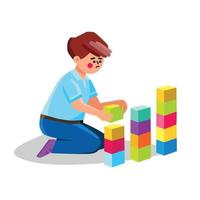 bambino autistico che gioca da solo con i giocattoli dei cubi vettore
