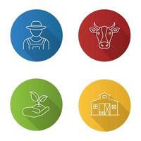 agricoltura piatta lineare lunga ombra set di icone. contadino, testa di vacca, germoglio in mano, fienile. illustrazione del contorno vettoriale