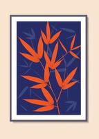 foglie di bambù astratto di colore rosso e albero piatto sfondo blu scuro decorazione della stanza poster naturale illustrazione di arte della parete vettore
