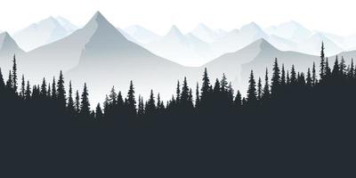 illustrazione vettoriale di un paesaggio di montagna e pini al mattino o alla sera.