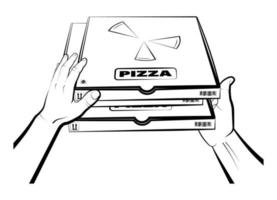 le mani dell'uomo tengono scatole chiuse con pizza. cucina italiana. cibo a domicilio. vettore isolato su sfondo bianco