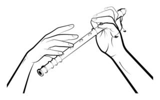 le mani dell'uomo stanno giocando su un tubo di legno, flauto. strumenti musicali a fiato popolari. vettore isolato su sfondo bianco