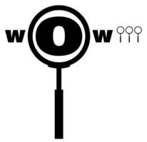 icona, logo. la lente d'ingrandimento aumenta la lettera o nella parola wow. vettore isolato su sfondo bianco