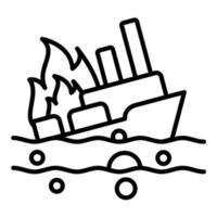 icona della linea della nave in fiamme vettore