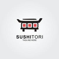 concetto di logo bar giapponese con porta torii e rotolo di sushi vettore