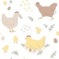 collezione di Pasqua disegnata a mano vettoriale con polli, pulcini, uova di Pasqua e foglie in stile scandinavo.