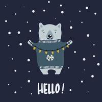 illustrazione vettoriale di orso cartone animato che indossa un maglione per le vacanze e infila le lucine nella notte d'inverno.