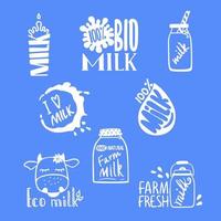 etichette di latte disegnate a mano per il tuo design. logo su sfondo blu con frasi di calligrafia. vettore