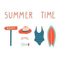 set di illustrazioni per le vacanze estive. tavola da surf, costume da bagno, occhiali da sole, crema solare, cappello. clipart di doodle moderno di vettore. vettore