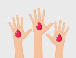 mani alzate con cuore rosso. volontariato, beneficenza, donare il concetto di sangue. grazie per la cura. voto di folla. design piatto vettoriale