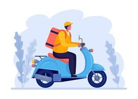 servizio di consegna veloce gratuito in scooter. il corriere consegna l'ordine del cibo. l'uomo viaggia con un pacco. spedizione espressa. monitoraggio del pacco online. disegno vettoriale