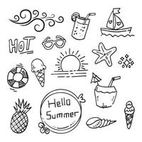 set doodle estate, ombrellone, gelato, secchio di sabbia, ananas, succo di frutta, conchiglie, sole, nuvole, barca, vento e molti altri. vettore