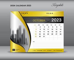 modello di calendario 2023, modello di ottobre 2023, calendario da tavolo 2023 anno su sfondi dorati concetto di lusso, design del calendario da parete, pianificatore, pubblicità, supporti di stampa, vettore