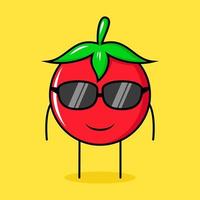 simpatico personaggio di pomodoro con espressione sorridente e occhiali neri. verde, rosso e giallo. adatto per emoticon, logo, mascotte vettore