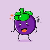 simpatico personaggio di mangostano con sorriso ed espressione felice, bocca aperta e occhi scintillanti. verde e viola. adatto per emoticon, logo, mascotte e icona vettore