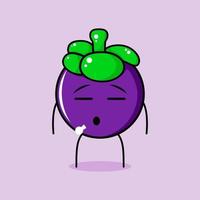 simpatico personaggio di mangostano con espressione piatta. verde e viola. adatto per emoticon, logo, mascotte vettore