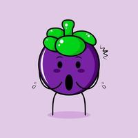 simpatico personaggio di mangostano con espressione impressionata e bocca aperta. verde e viola. adatto per emoticon, logo, mascotte e icona vettore