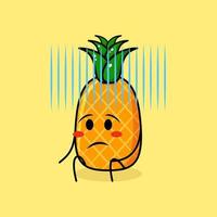 simpatico personaggio di ananas con un'espressione senza speranza e siediti. verde e giallo. adatto per emoticon, logo, mascotte vettore