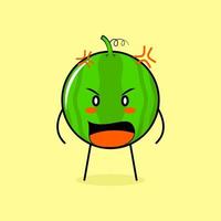 simpatico personaggio di anguria con espressione arrabbiata. bocca spalancata. verde e giallo. adatto per emoticon, logo, mascotte vettore