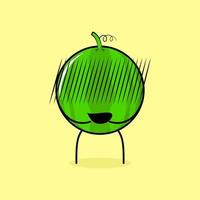 simpatico personaggio di anguria con espressione imbarazzata. verde e giallo. adatto per emoticon, logo, mascotte vettore