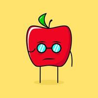 simpatico personaggio mela rossa con espressione fresca e occhiali. verde e rosso. adatto per emoticon, logo, mascotte o adesivo vettore