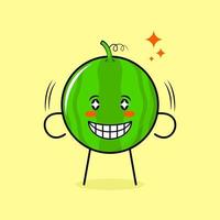 simpatico personaggio anguria con espressione felice, occhi scintillanti e sorridente. verde e giallo. adatto per emoticon, logo, mascotte vettore