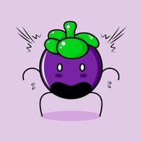 simpatico personaggio di mangostano con espressione scioccata, bocca aperta e occhi sporgenti. verde e viola. adatto per emoticon, logo, mascotte o adesivo vettore