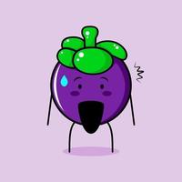 simpatico personaggio di mangostano con espressione scioccata e bocca aperta. verde e viola. adatto per emoticon, logo, mascotte o adesivo vettore