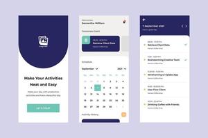 vettore del modello di progettazione dell'interfaccia utente della pianificazione delle attività pulite. applicazione di progettazione adatta per Android e iOS. app per attività mobile
