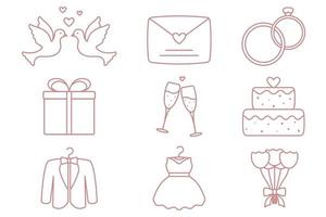 set di icone vettoriali per matrimoni rotonde e delineate. bouquet, abito da sposa, smoking, confezione regalo, coppia di colombe, champagne, matrimonio, lettera d'amore, anelli