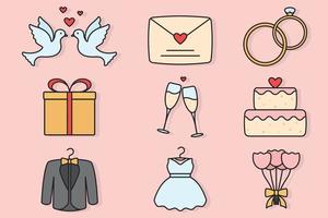 set di icone vettoriali per matrimoni rotonde e delineate con riempimento. bouquet, vestito, smoking, confezione regalo, coppia di colombe, champagne, matrimonio, lettera d'amore, anelli