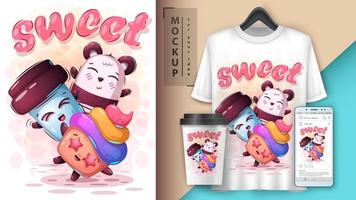 dolce poster con dolci e panda di cartone animato vettore