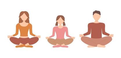 madre, figlia e padre meditano nella posizione del loto. meditazione e yoga. illustrazione vettoriale in stile piatto isolato su sfondo bianco