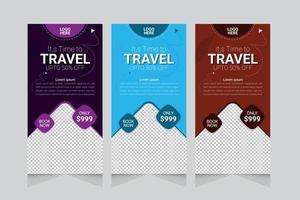 modello di banner di tour di viaggio, set di design piatto modello di layout di banner aziendale di pubblicità verticale vettore