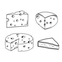 pezzo di formaggio con fori e camembert brie isolato su bianco. illustrazione della linea vettoriale. set di prodotti lattiero-caseari in stile doodle. vettore