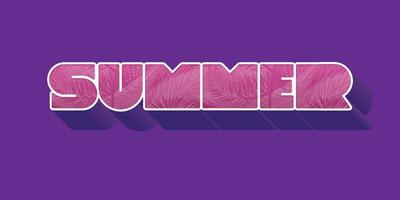 estate estrudere iscrizione rosa con foglie tropicali su sfondo viola. illustrazione vettoriale con tipografia per camicia, banner di saldi estivi, sconto, volantino, invito, poster.