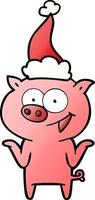 cartone animato sfumato di un maiale senza preoccupazioni che indossa il cappello di Babbo Natale vettore