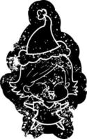 felice cartone animato icona angosciata di una ragazza che indossa il cappello di Babbo Natale vettore