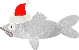 cartone animato retrò di un pesce che indossa il cappello di Babbo Natale vettore