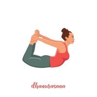 ragazza che fa posa yoga, posa dell'arco dhanurasana asana in hatha yoga, illustrazione vettoriale in stile alla moda