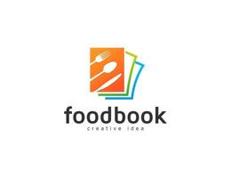 logo alimentare con libri, forchetta, cucchiaio, illustrazione di coltello da cucina vettore