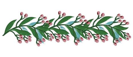 ramoscello con fiori rosa, foglie verdi e blu per vacanze, matrimoni, compleanni. elemento orizzontale per il design. illustrazione stock vettoriale isolato su sfondo bianco.