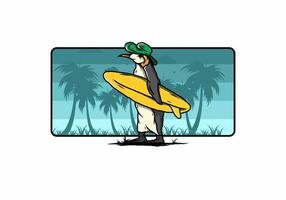 simpatico pinguino che trasporta una tavola da surf sull'illustrazione della spiaggia vettore