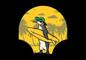 simpatico pinguino che trasporta una tavola da surf sull'illustrazione della spiaggia vettore