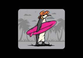 simpatico pinguino che trasporta una tavola da surf sull'illustrazione della spiaggia vettore