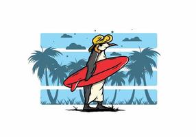 simpatico pinguino che trasporta una tavola da surf sull'illustrazione della spiaggia vettore